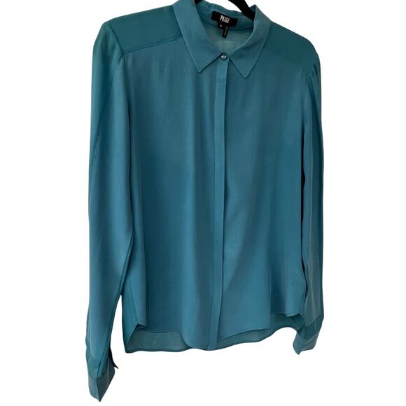 NWOT. PAIGE. 100% Silk Button Down Long Sleeve Blouse.
Color Blue Fin. Women’s S - Picture 1 of 6